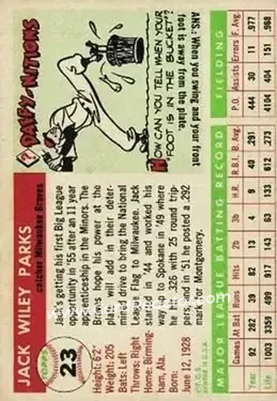 1955 Topps #23 - Jack Parks - Milwaukee Braves - Back