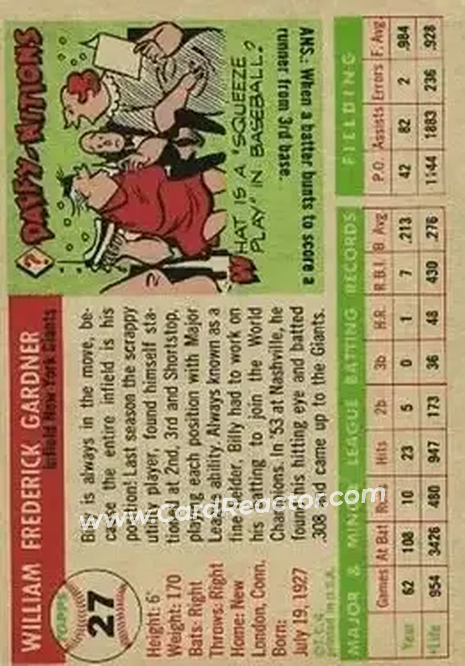 1955 Topps #27 - Billy Gardner - New York Giants - Back