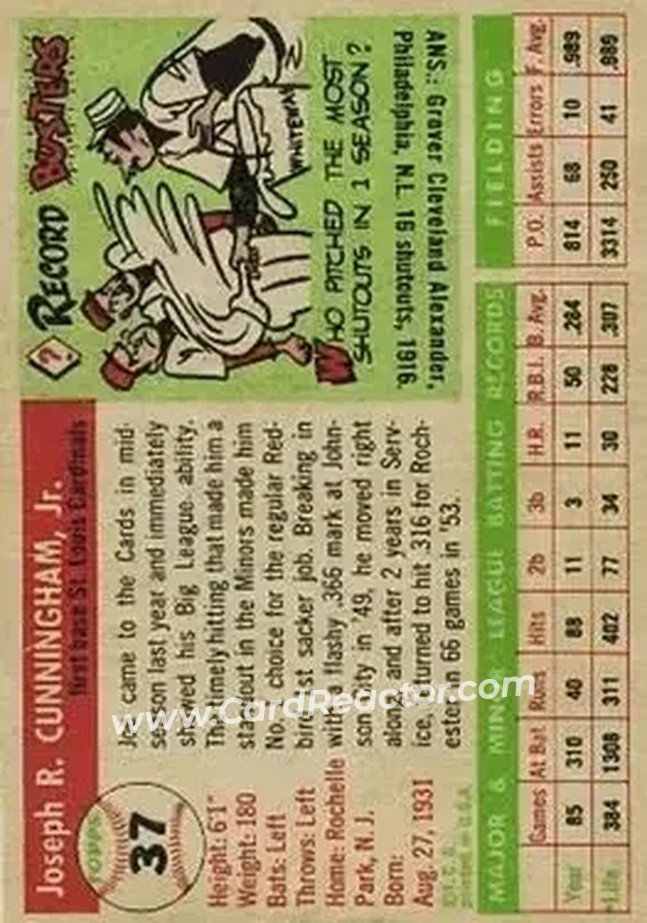 1955 Topps #37 - Joe Cunningham - St. Louis Cardinals - Back