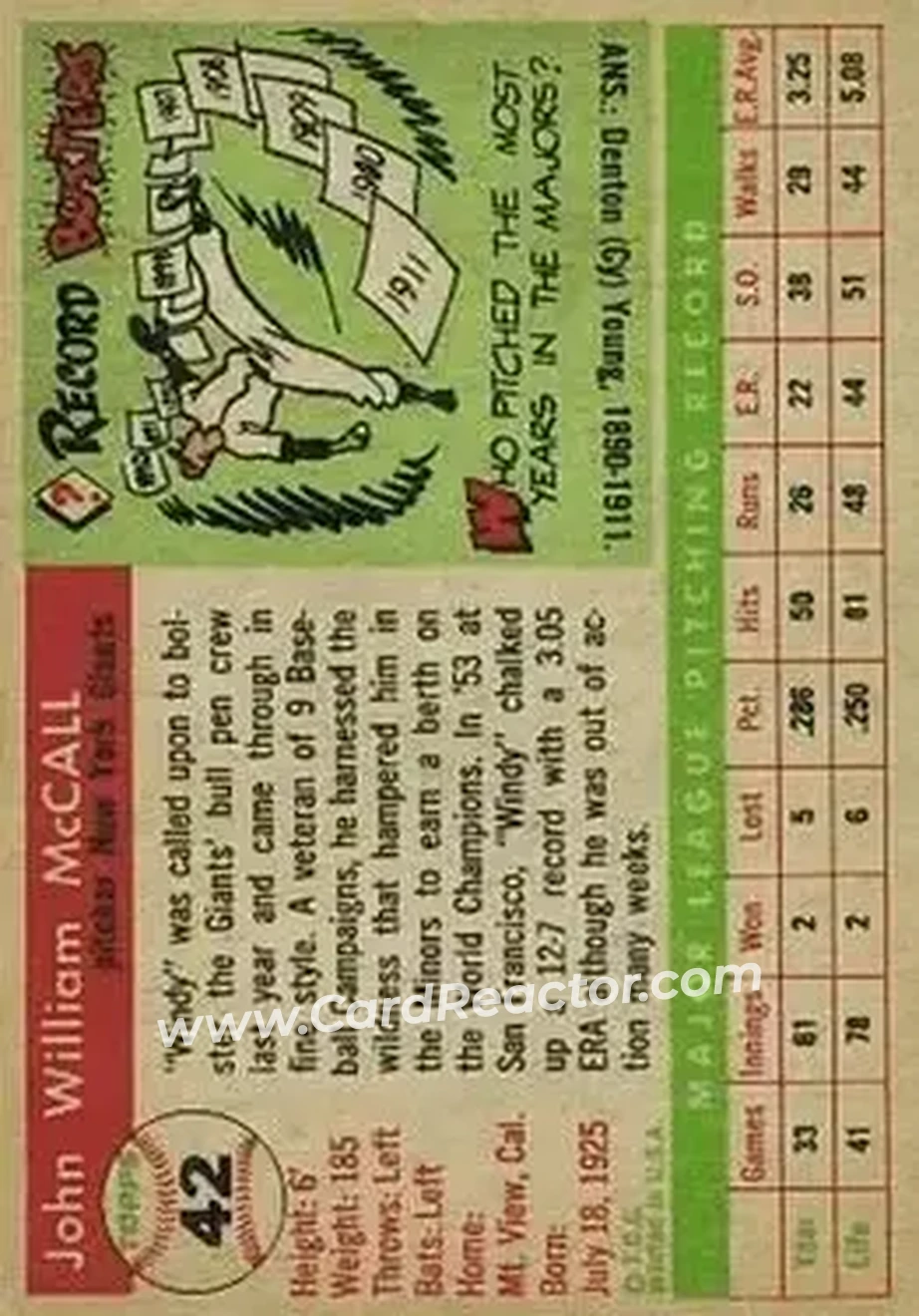 1955 Topps #42 - Windy McCall - New York Giants - Back