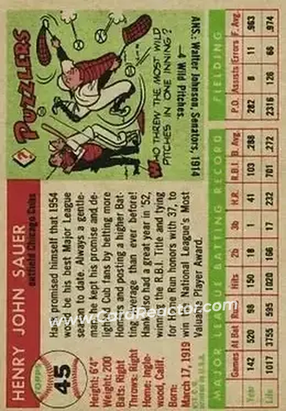 1955 Topps #45 - Hank Sauer - Chicago Cubs - Back