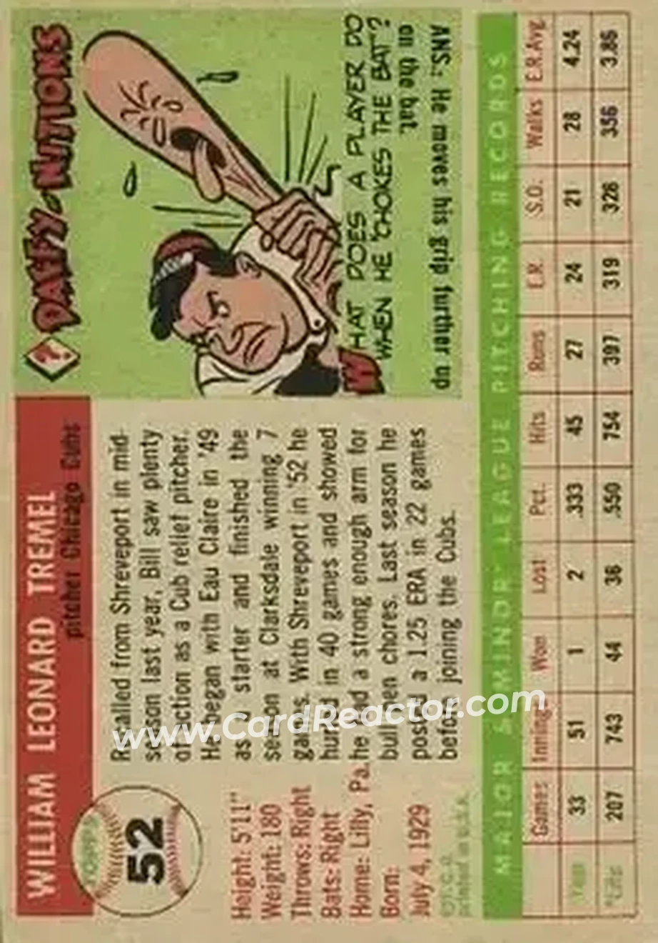 1955 Topps #52 - Bill Tremel - Chicago Cubs - Back