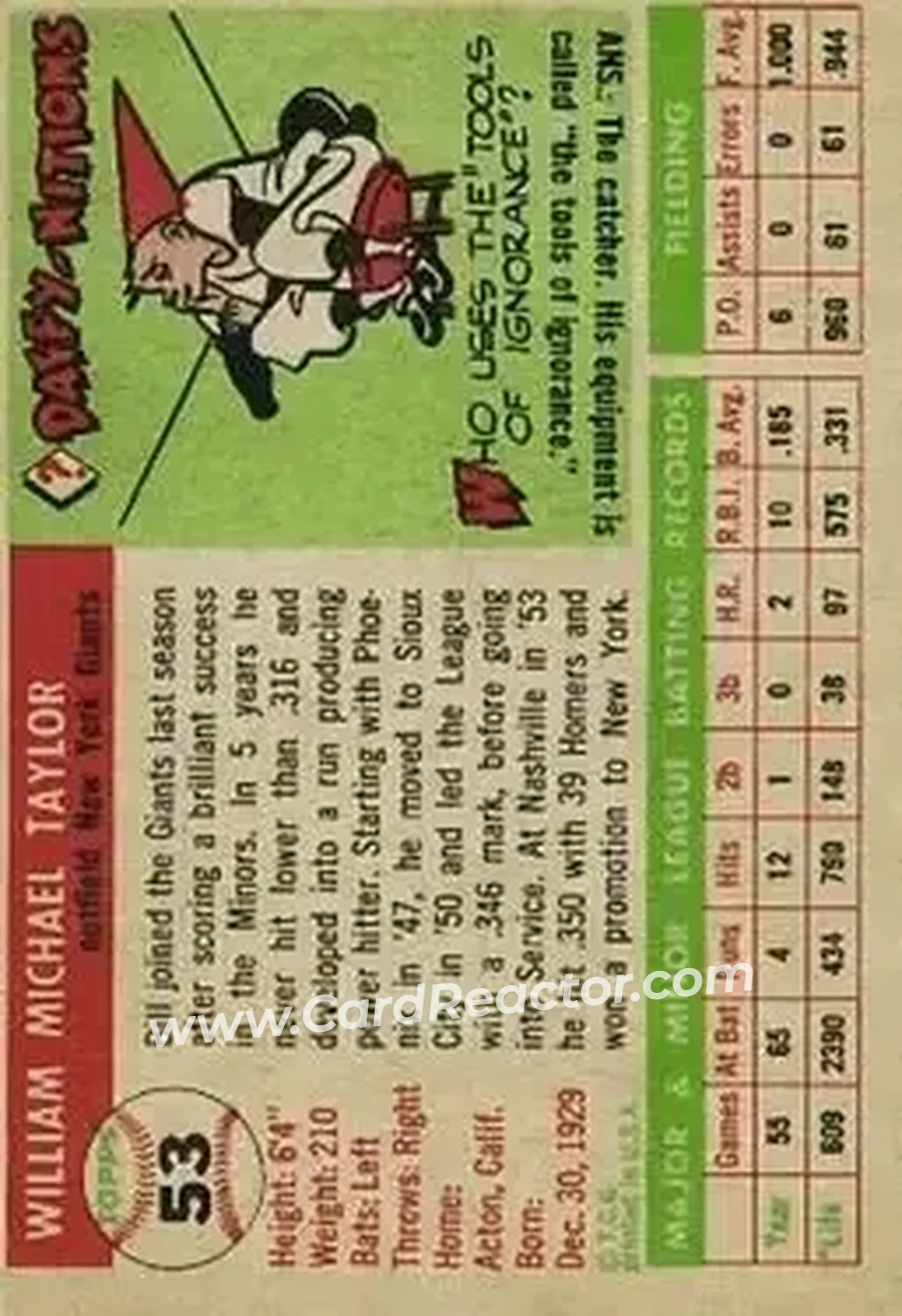 1955 Topps #53 - Bill Taylor - New York Giants - Back