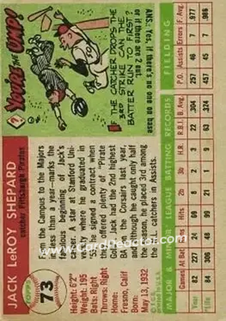1955 Topps #73 - Jack Shepard - Pittsburgh Pirates - Back