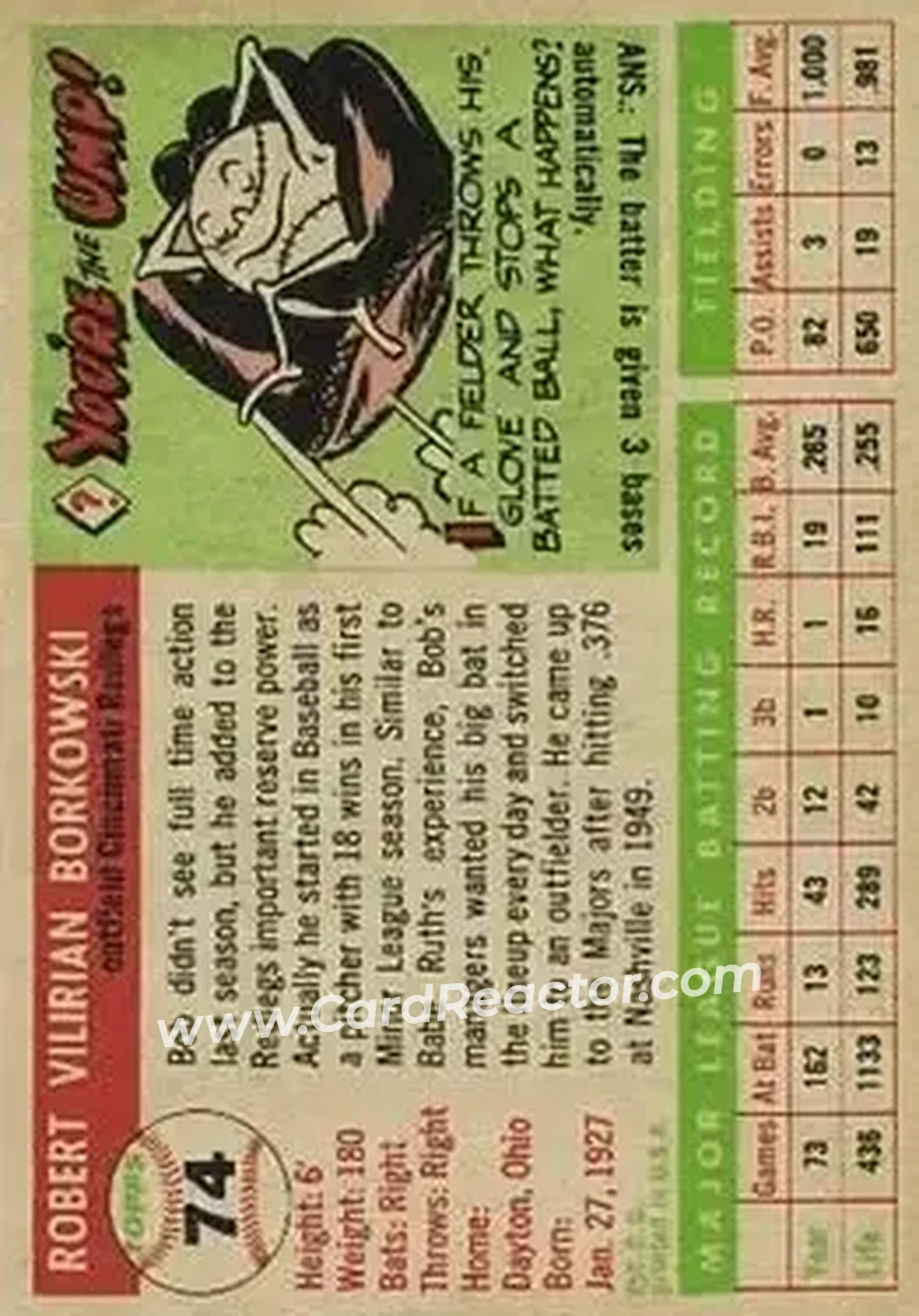 1955 Topps #74 - Bob Borkowski - Cincinnati Redlegs - Back