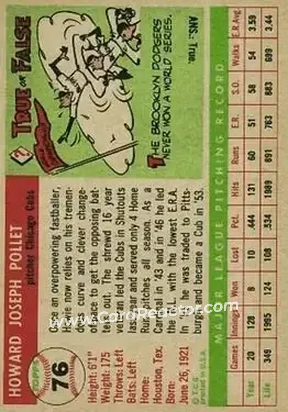1955 Topps #76 - Howie Pollet - Chicago Cubs - Back 1955 Topps #76 - Howie Pollet - Chicago Cubs - Back