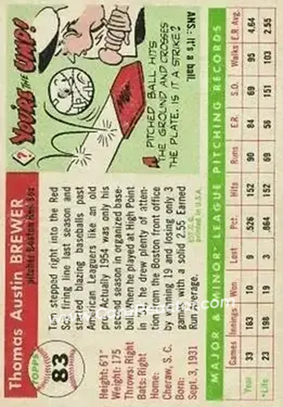 1955 Topps #83 - Tom Brewer - Boston Red Sox - Back