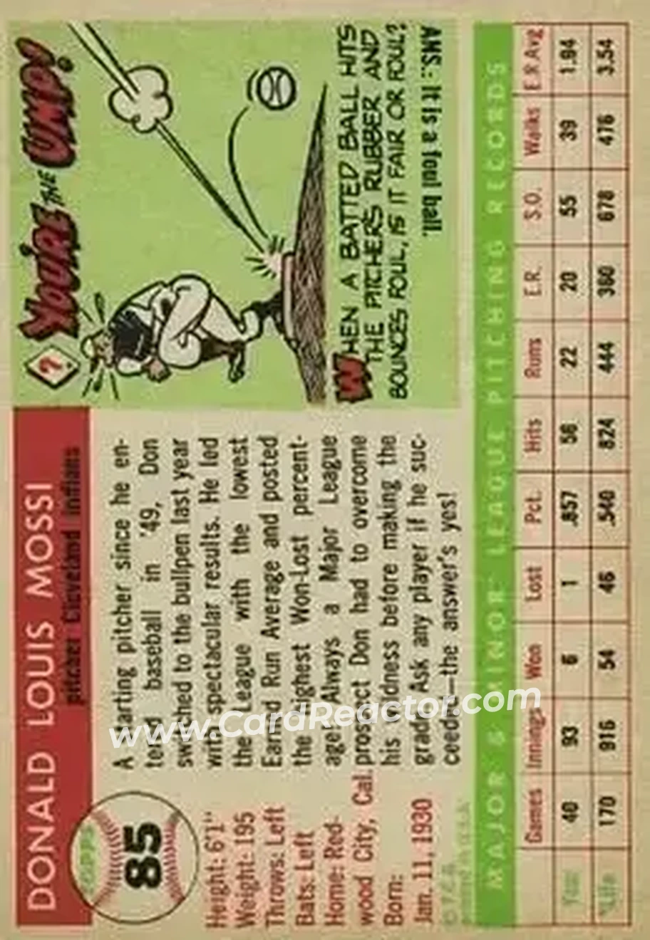 1955 Topps #85 - Don Mossi - Cleveland Indians - Back 1955 Topps #85 - Don Mossi - Cleveland Indians - Back