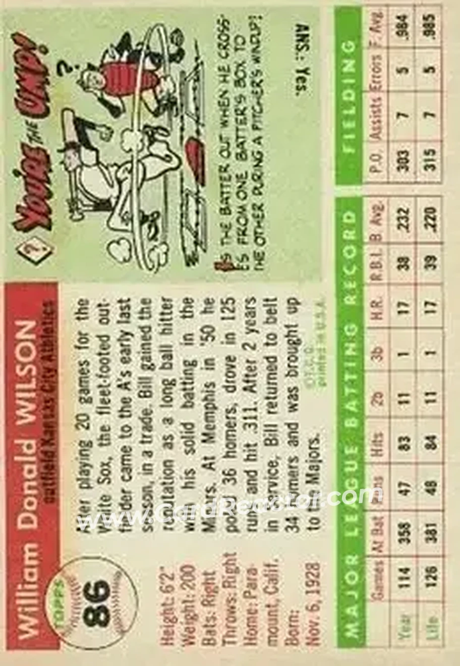 1955 Topps #86 - Bill Wilson - Kansas City Athletics - Back 1955 Topps #86 - Bill Wilson - Kansas City Athletics - Back