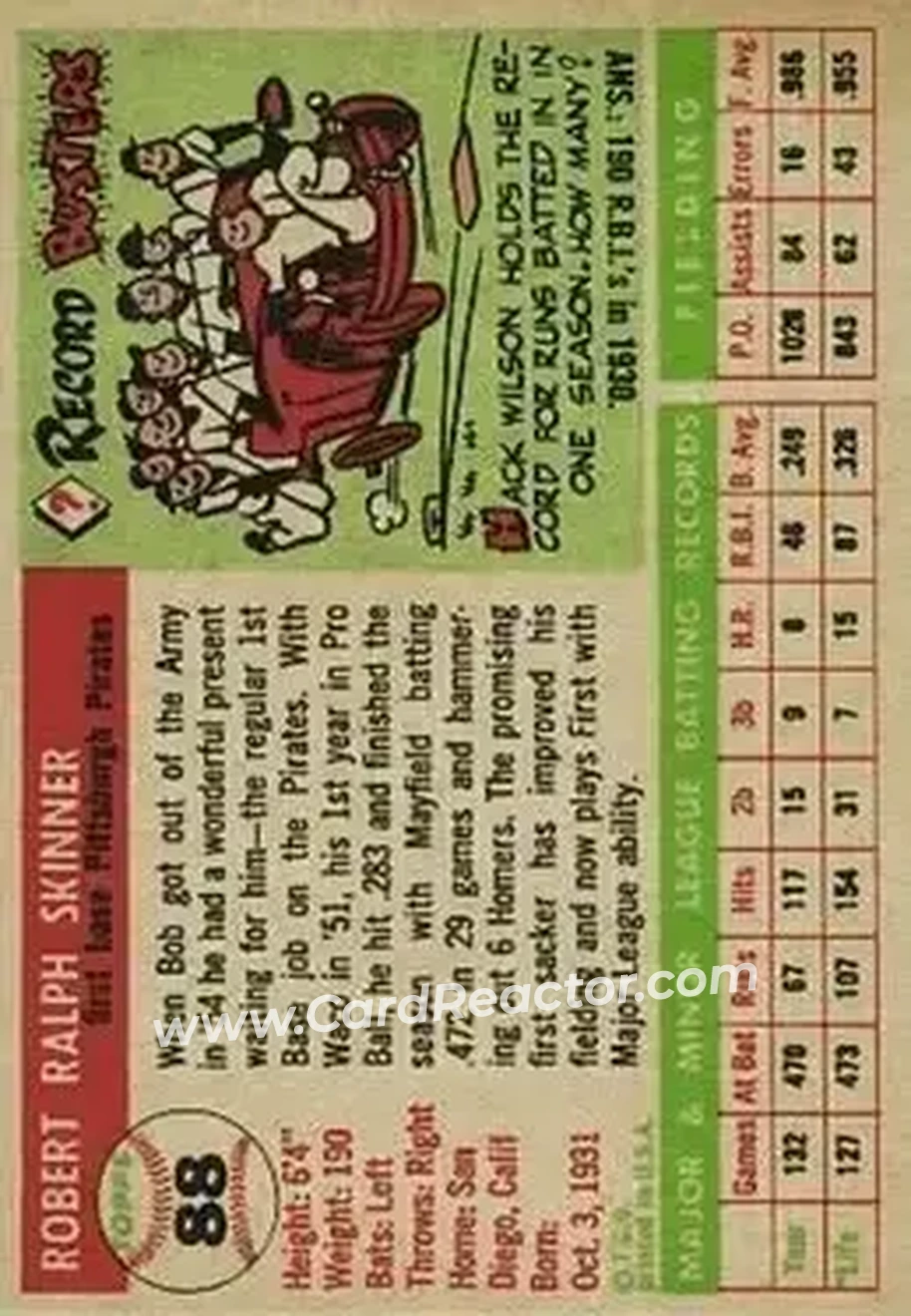 1955 Topps #88 - Bob Skinner - Pittsburgh Pirates - Back 1955 Topps #88 - Bob Skinner - Pittsburgh Pirates - Back