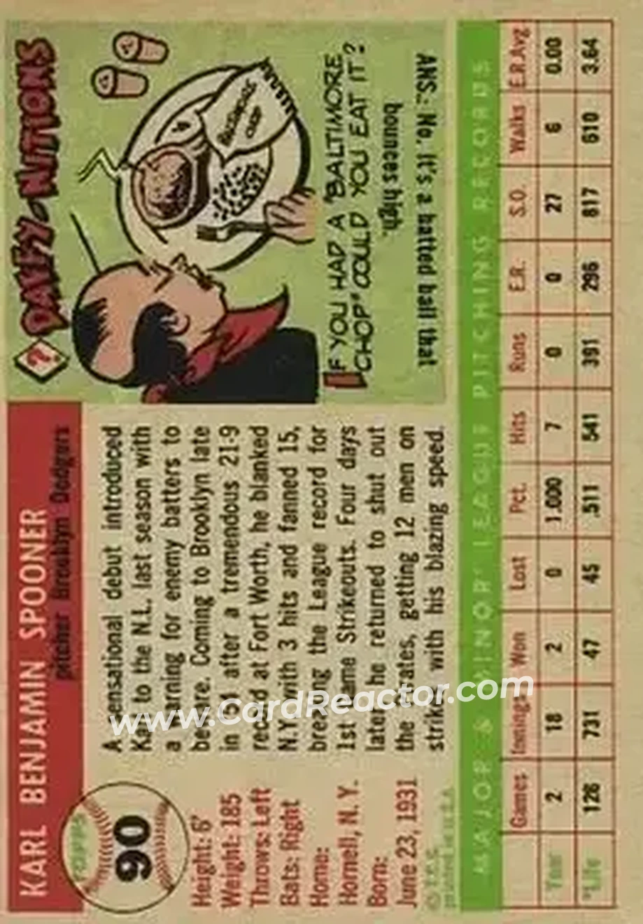 1955 Topps #90 - Karl Spooner - Brooklyn Dodgers - Back