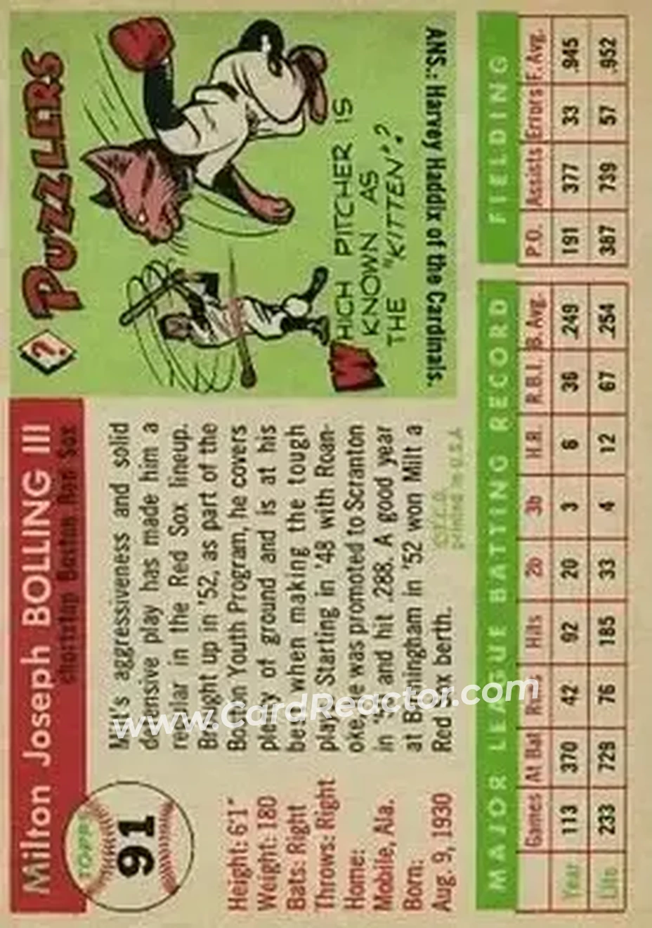 1955 Topps #91 - Milt Bolling - Boston Red Sox - Back