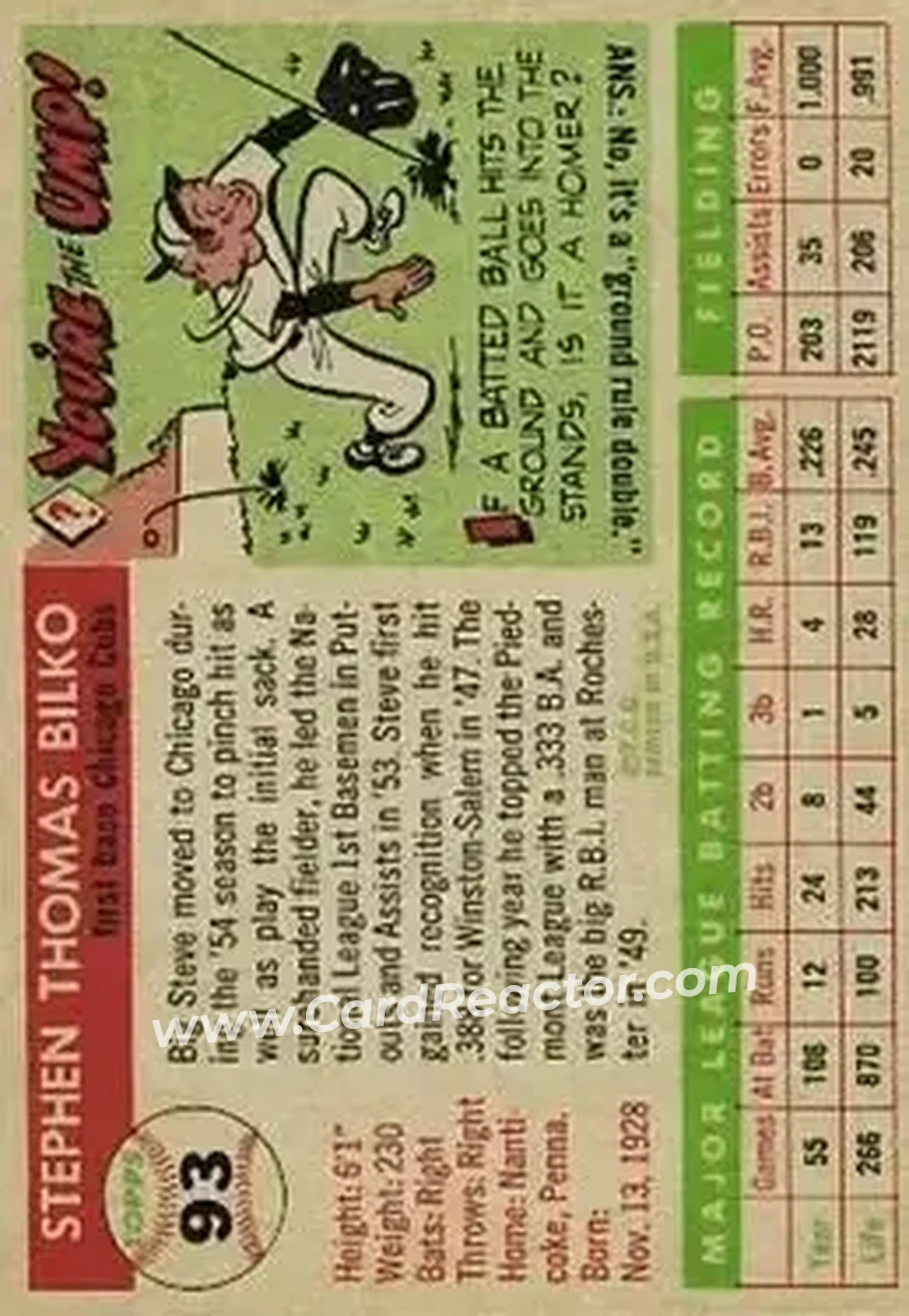 1955 Topps #93 - Steve Bilko - Chicago Cubs - Back