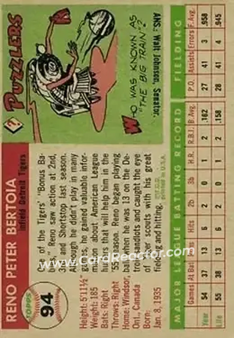 1955 Topps #94 - Reno Bertoia - Detroit Tigers - Back