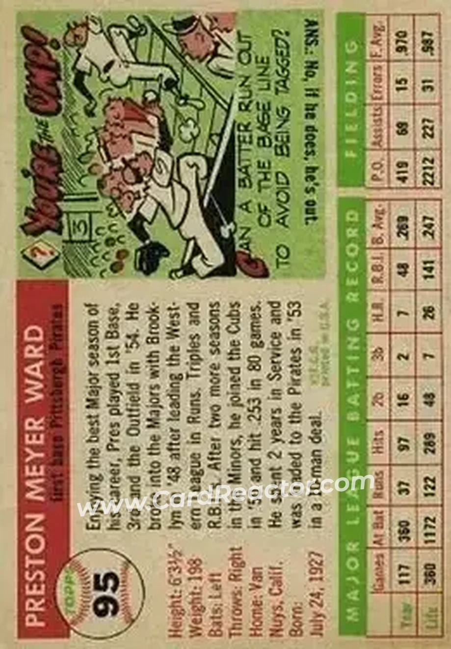 1955 Topps #95 - Preston Ward - Pittsburgh Pirates - Back