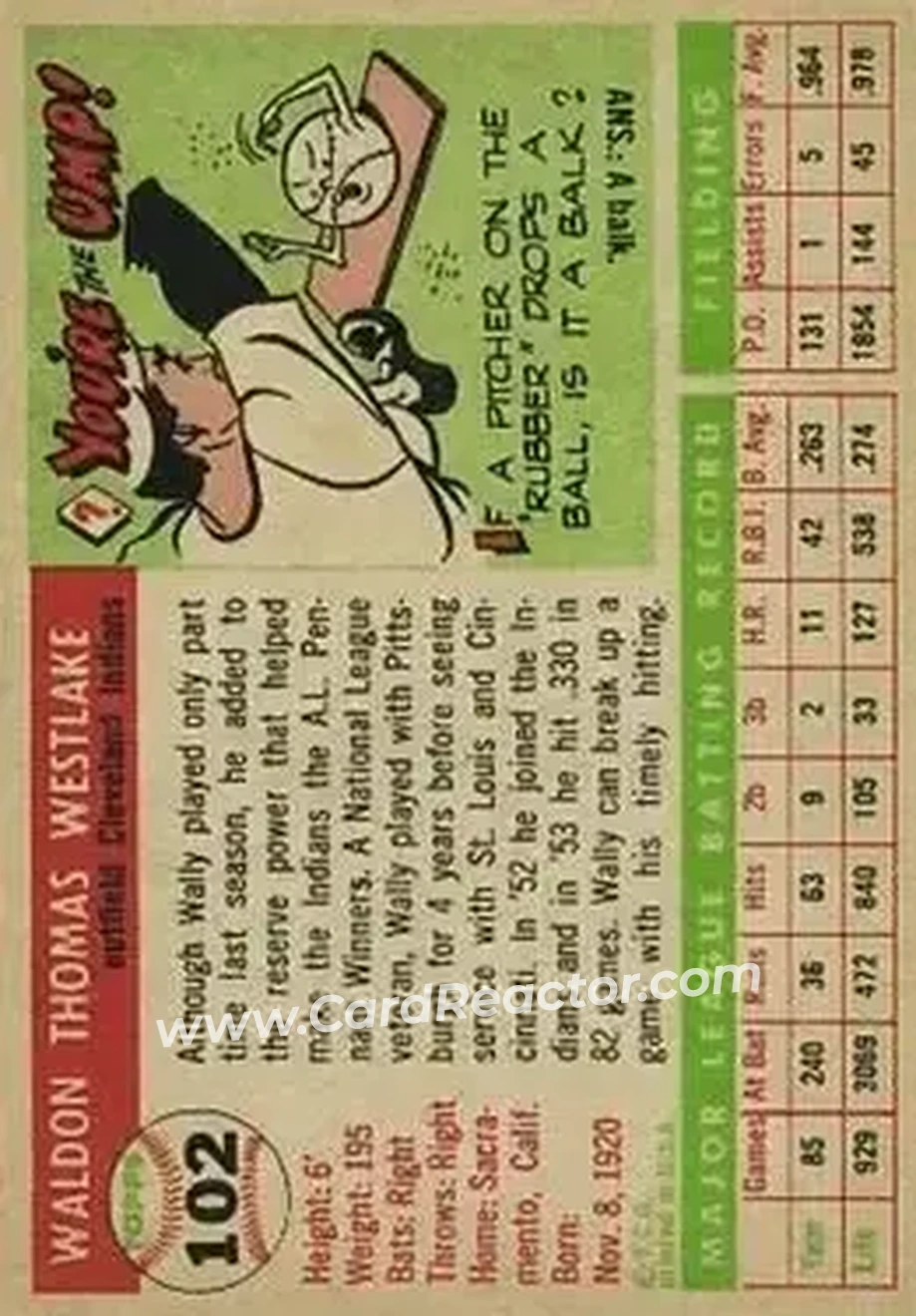 1955 Topps #102 - Wally Westlake - Cleveland Indians - Back