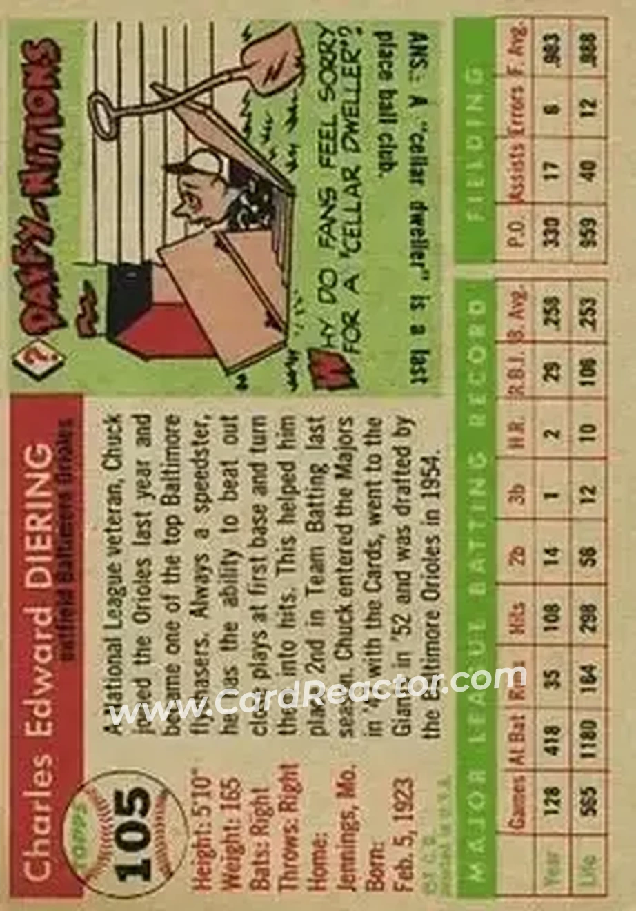1955 Topps #105 - Charles Diering - Baltimore Orioles - Back