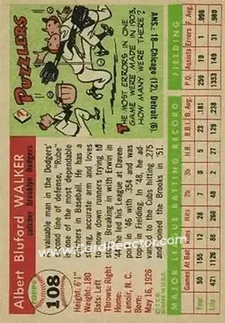 1955 Topps #108 - Al Walker - Brooklyn Dodgers - Back