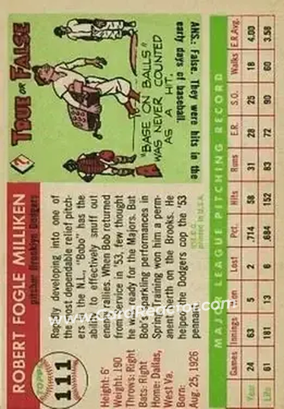 1955 Topps #111 - Bob Milliken - Brooklyn Dodgers - Back