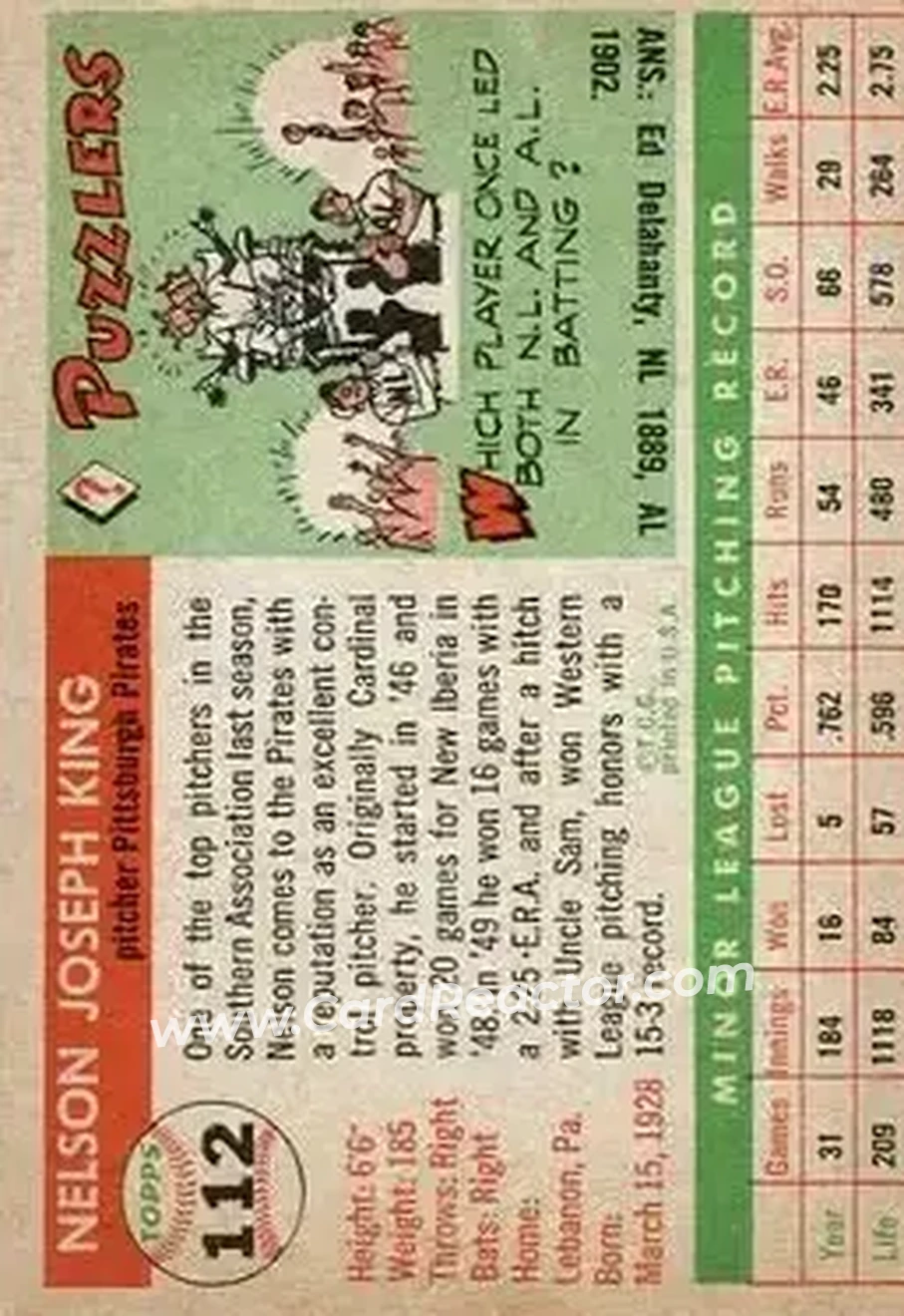 1955 Topps #112 - Nelson King - Pittsburgh Pirates - Back