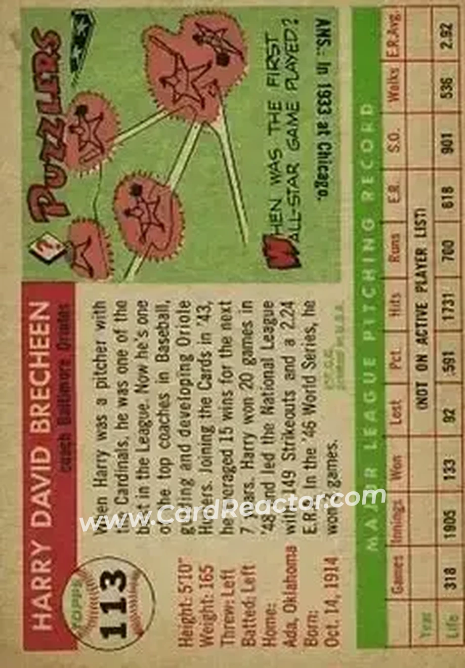 1955 Topps #113 - Harry Brecheen - Baltimore Orioles - Back