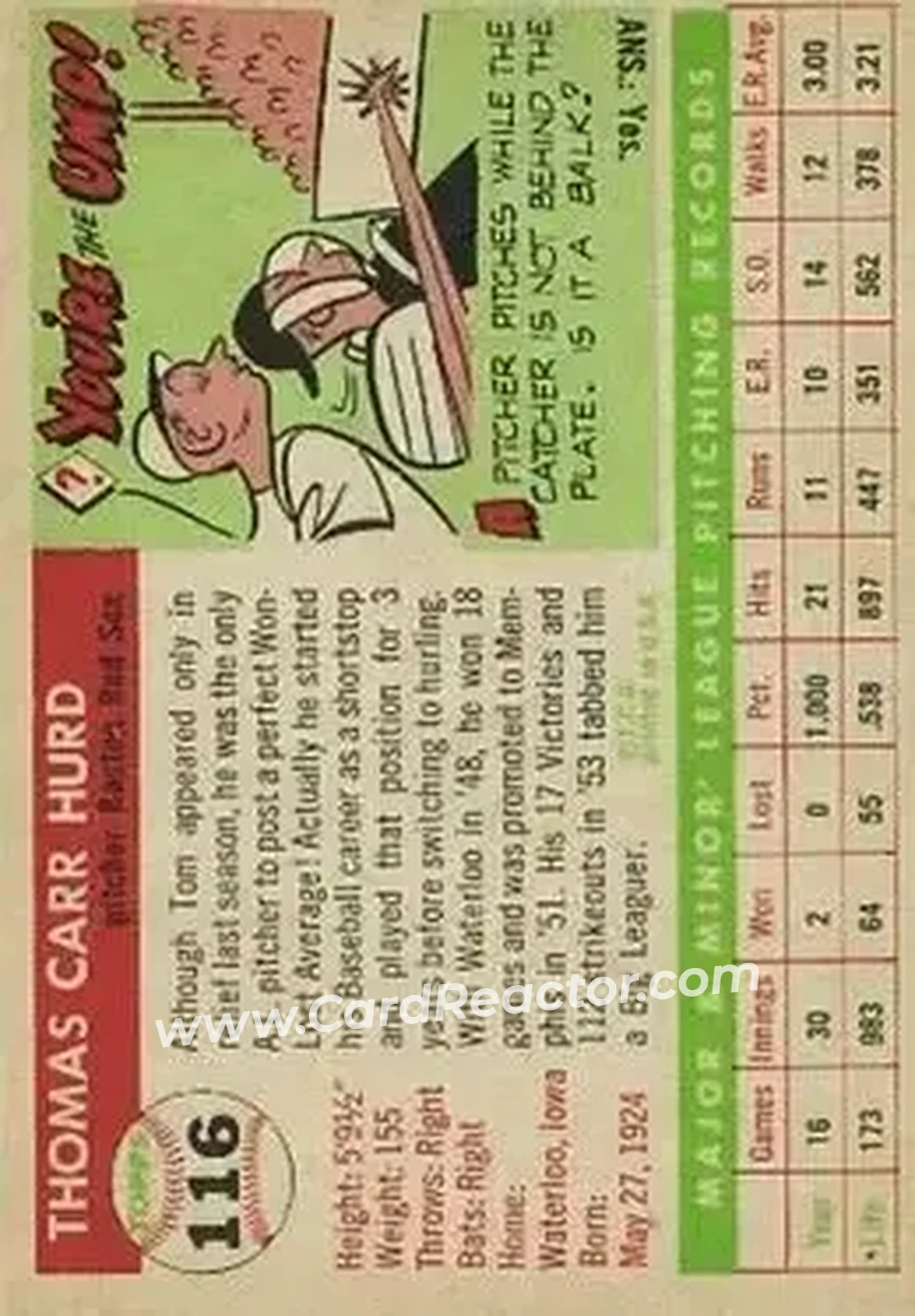 1955 Topps #116 - Tom Hurd - Boston Red Sox - Back