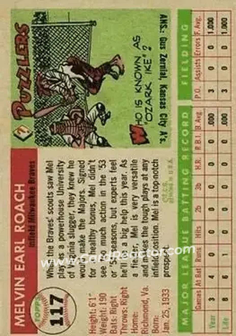 1955 Topps #117 - Mel Roach - Milwaukee Braves - Back