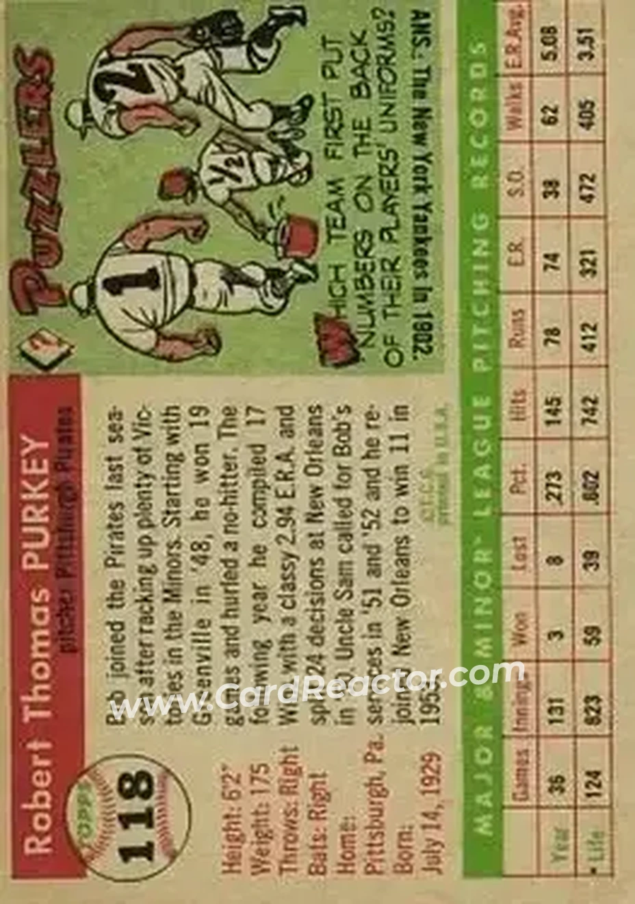 1955 Topps #118 - Bob Purkey - Pittsburgh Pirates - Back