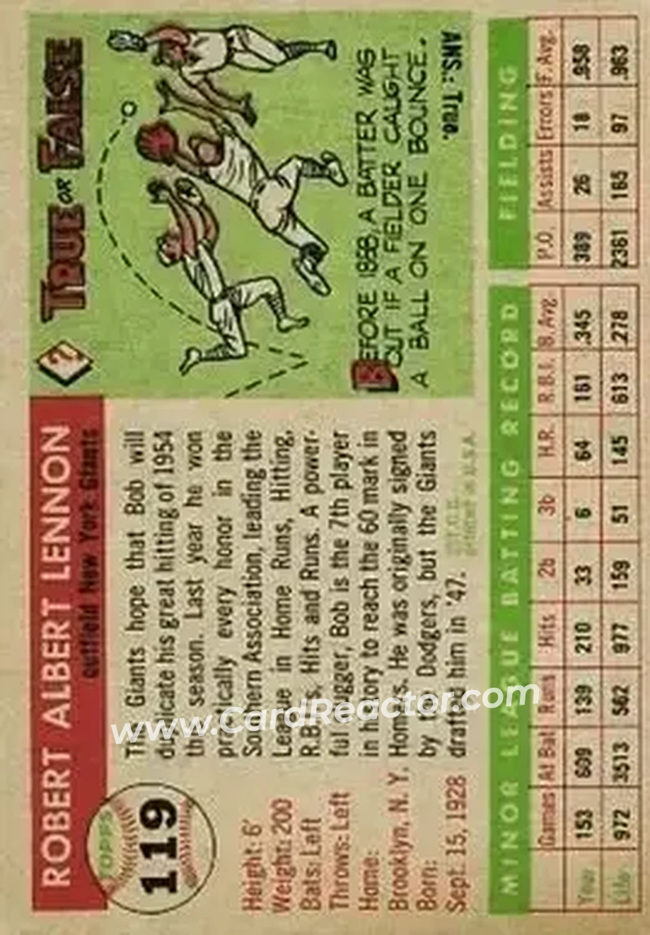 1955 Topps #119 - Bob Lennon - New York Giants - Back