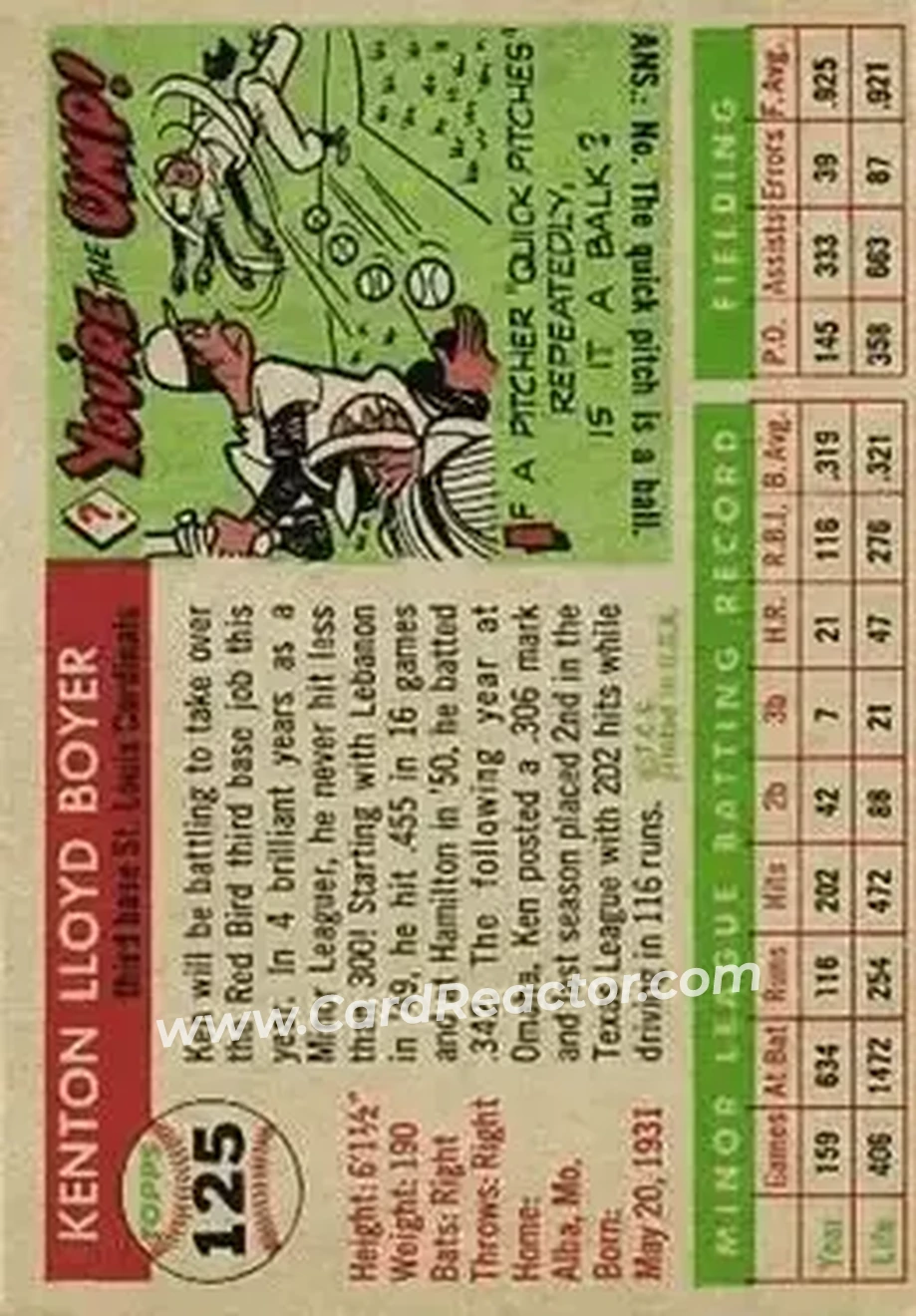 1955 Topps #125 - Ken Boyer - St. Louis Cardinals - Back