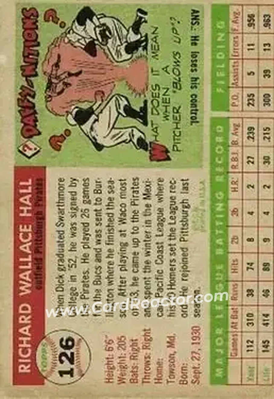 1955 Topps #126 - Dick Hall - Pittsburgh Pirates - Back