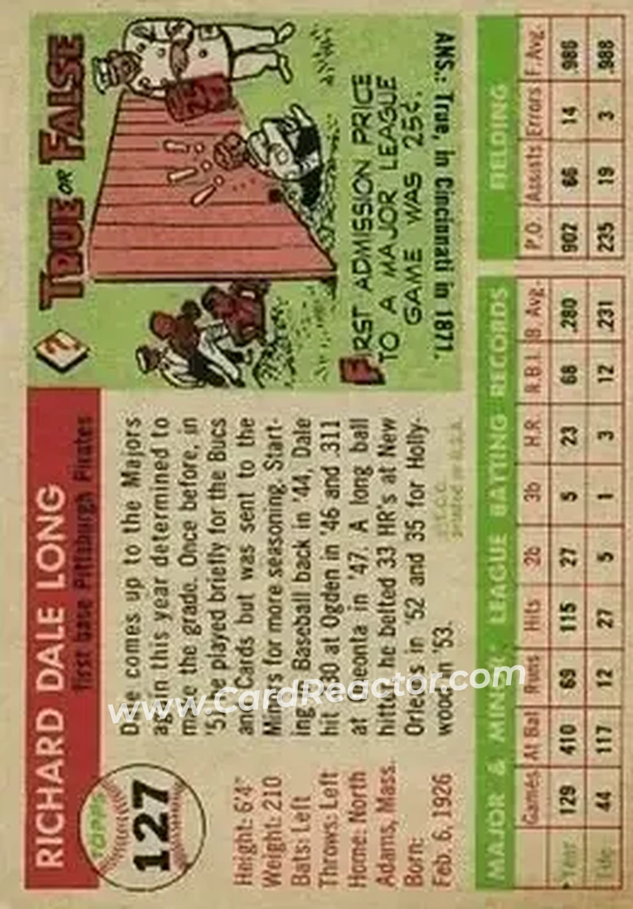 1955 Topps #127 - Dale Long - Pittsburgh Pirates - Back
