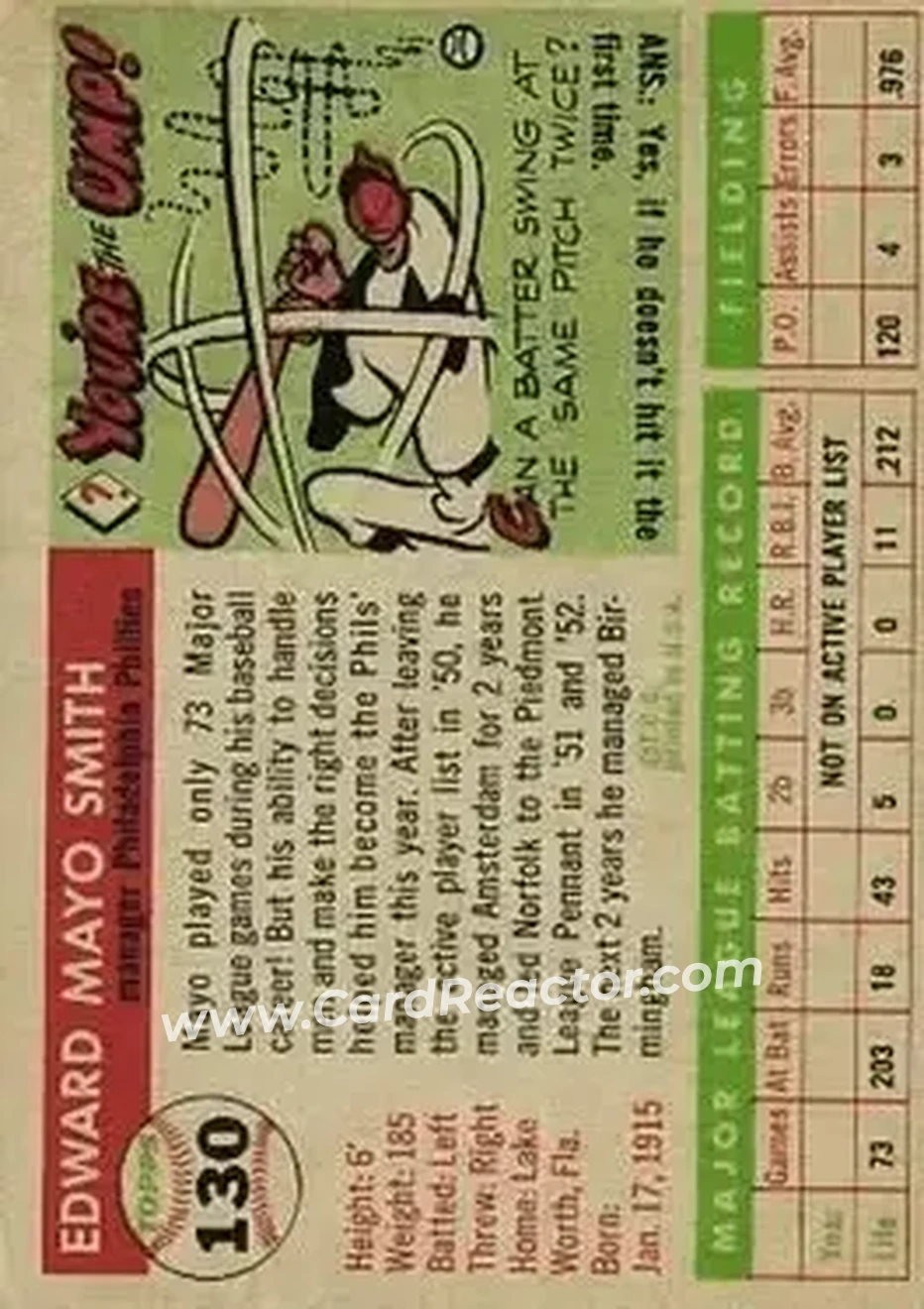 1955 Topps #130 - Mayo Smith - Philadelphia Phillies - Back
