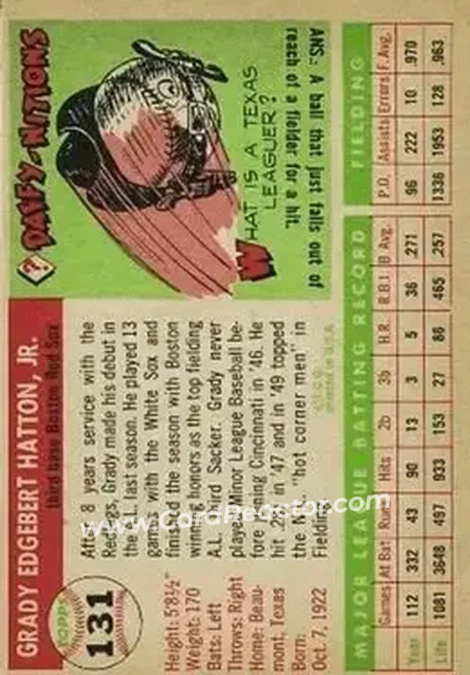 1955 Topps #131 - Grady Hatton - Boston Red Sox - Back