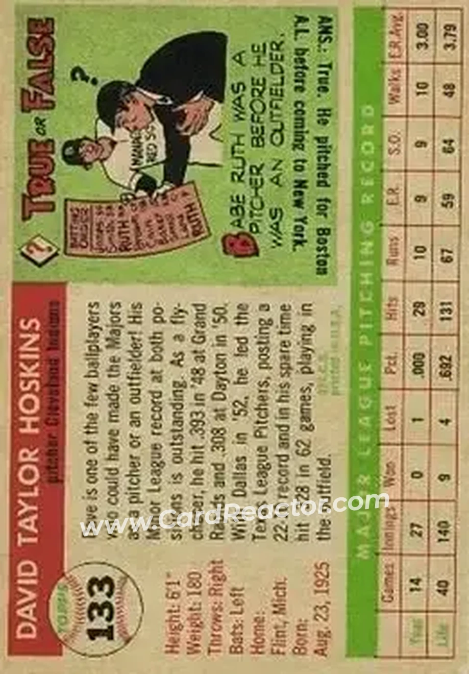 1955 Topps #133 - Dave Hoskins - Cleveland Indians - Back