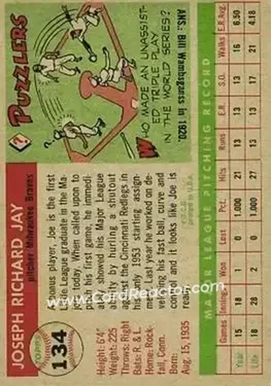 1955 Topps #134 - Joe Jay - Milwaukee Braves - Back