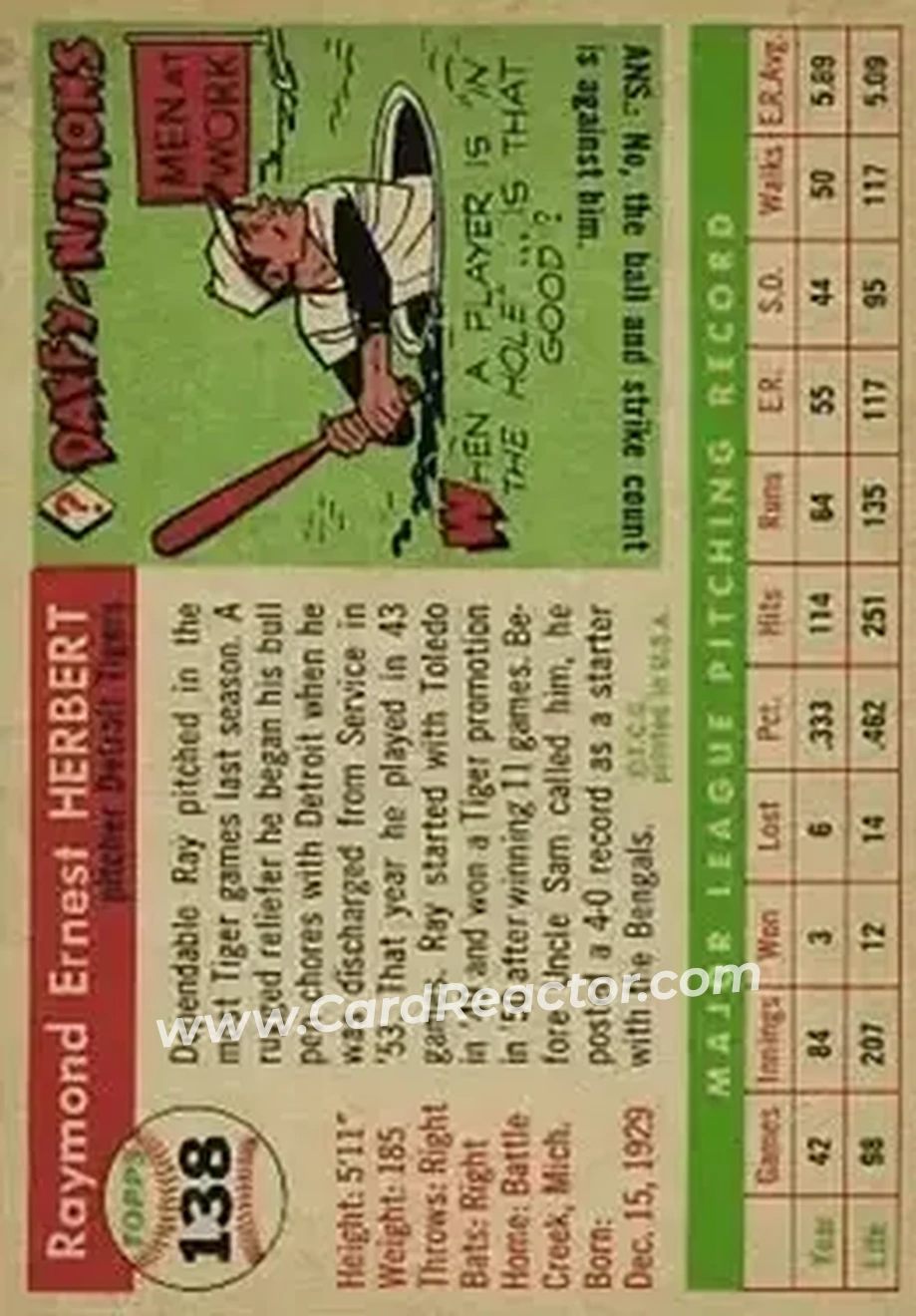 1955 Topps #138 - Ray Herbert - Detroit Tigers - Back