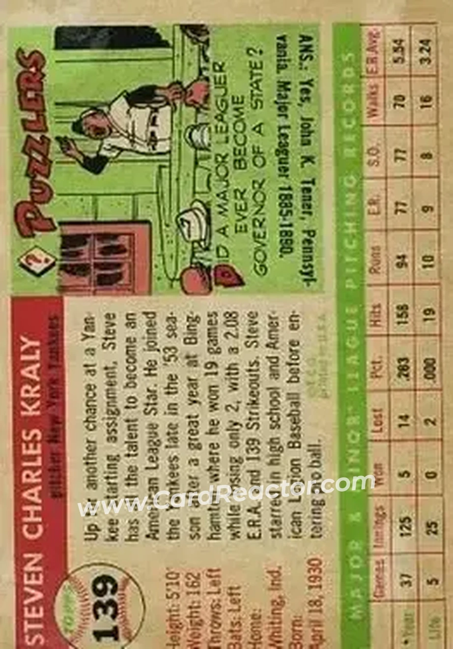 1955 Topps #139 - Steve Kraly - New York Yankees - Back