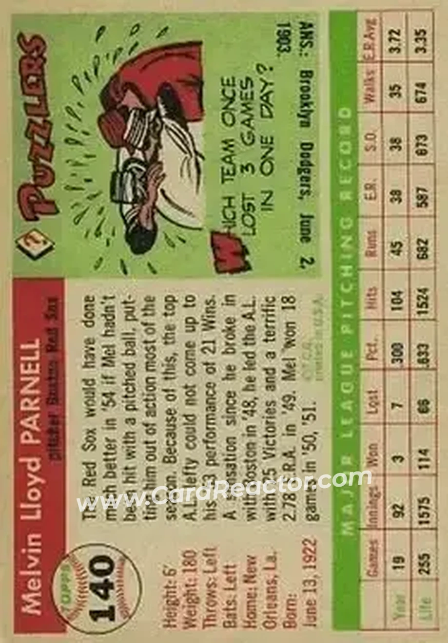 1955 Topps #140 - Mel Parnell - Boston Red Sox - Back