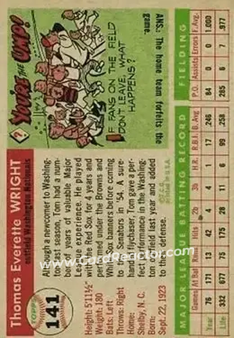 1955 Topps #141 - Tom Wright - Washington Senators - Back
