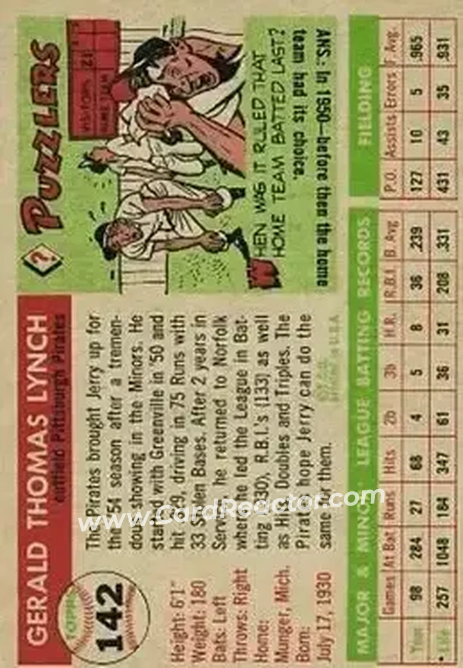 1955 Topps #142 - Jerry Lynch - Pittsburgh Pirates - Back