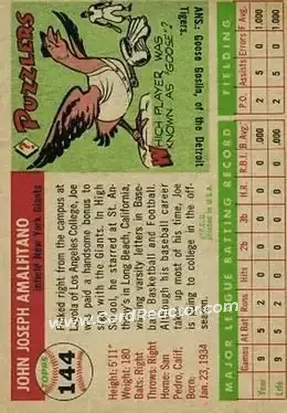 1955 Topps #144 - Joe Amalfitano - New York Giants - Back 1955 Topps #144 - Joe Amalfitano - New York Giants - Back