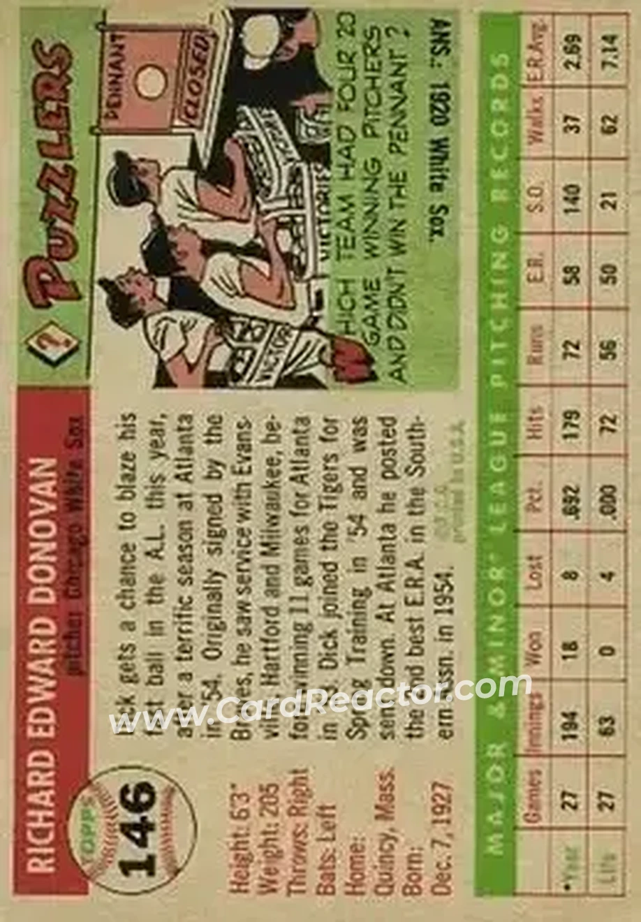 1955 Topps #146 - Dick Donovan - Chicago White Sox - Back