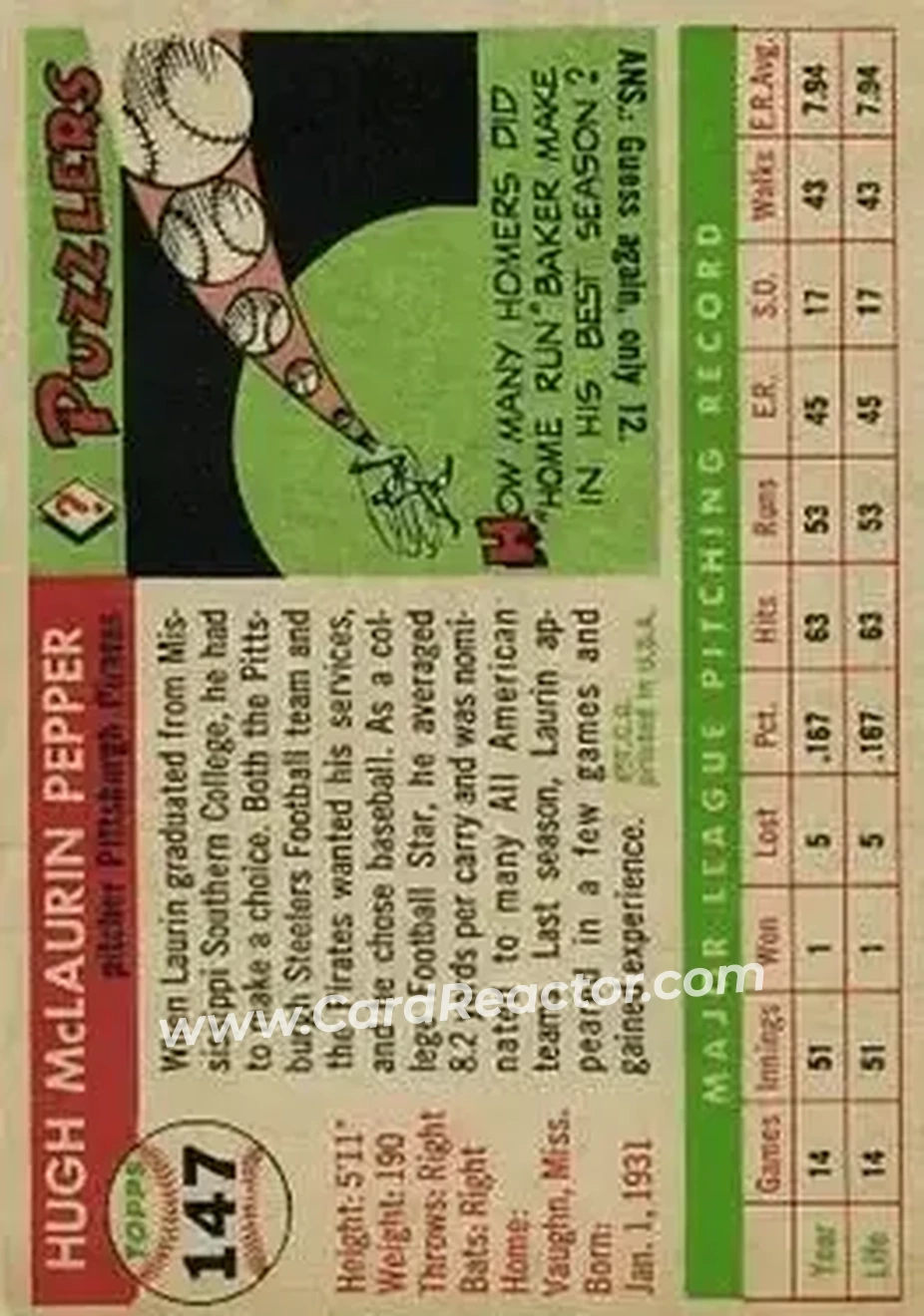 1955 Topps #147 - Laurin Pepper - Pittsburgh Pirates - Back 1955 Topps #147 - Laurin Pepper - Pittsburgh Pirates - Back
