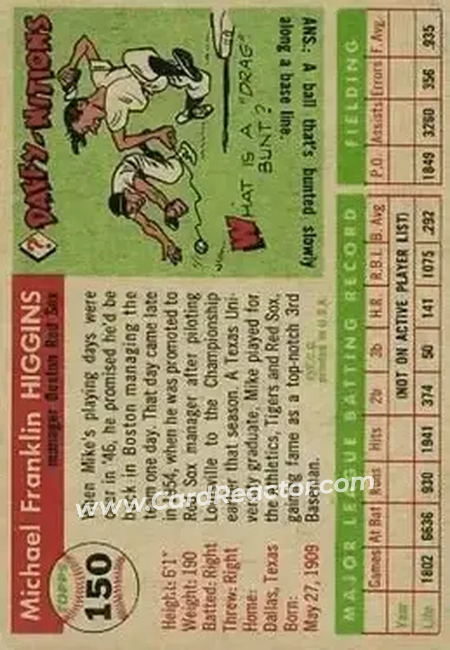 1955 Topps #150 - Mike Higgins - Boston Red Sox - Back