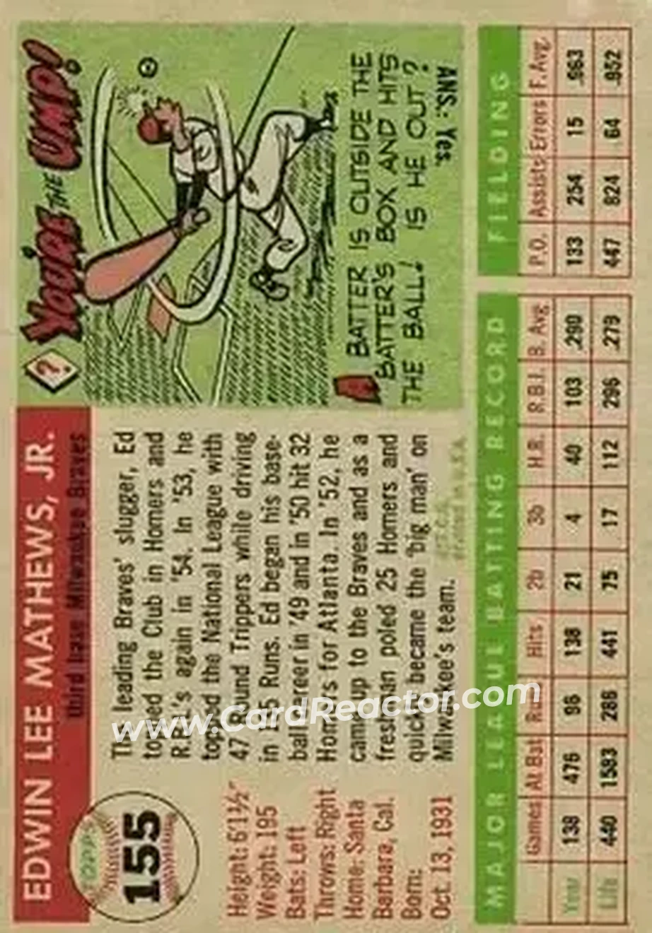 1955 Topps #155 - Ed Mathews - Milwaukee Braves - Back