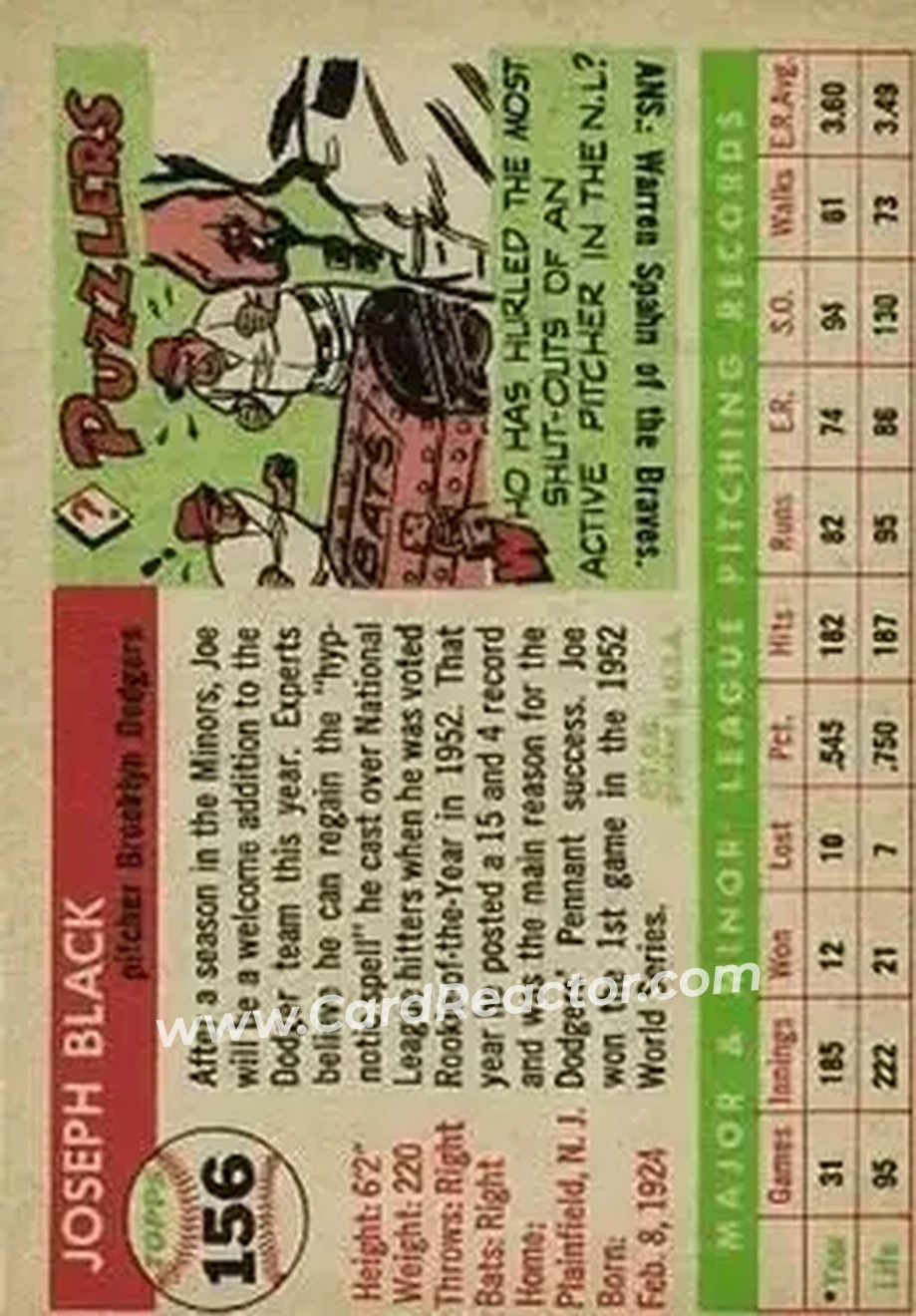 1955 Topps #156 - Joe Black - Brooklyn Dodgers - Back