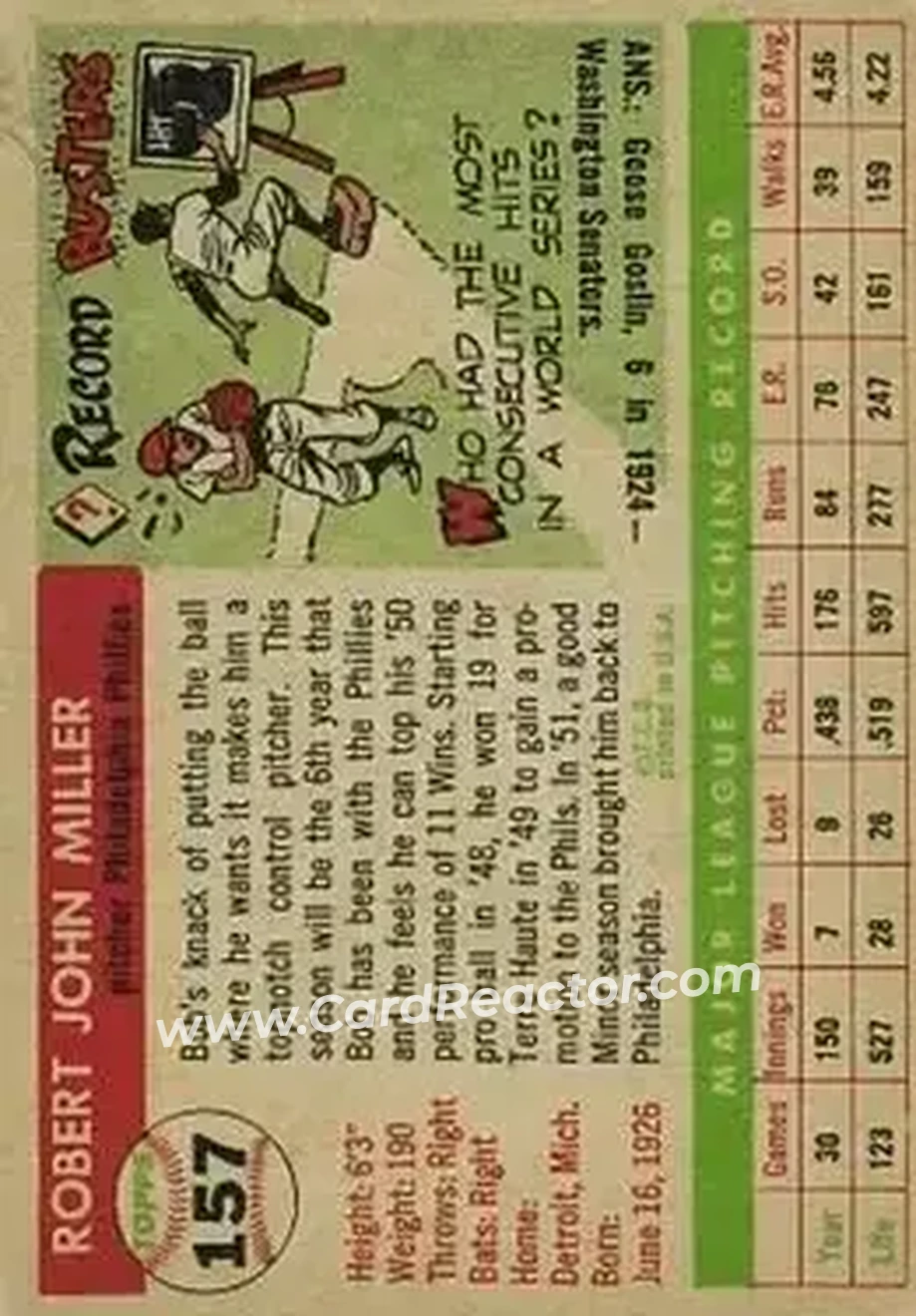 1955 Topps #157 - Bob Miller - Philadelphia Phillies - Back