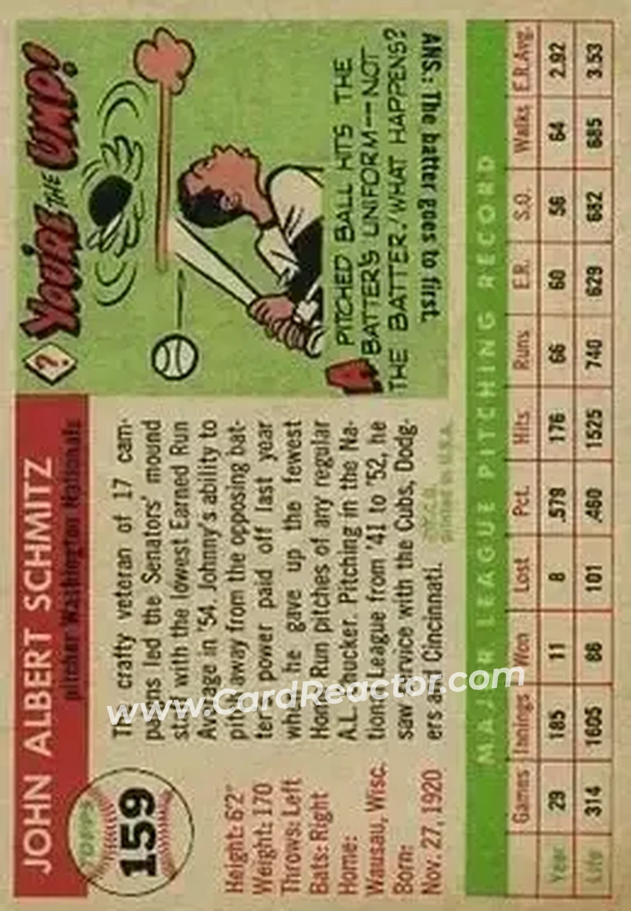 1955 Topps #159 - Johnny Schmitz - Washington Senators - Back
