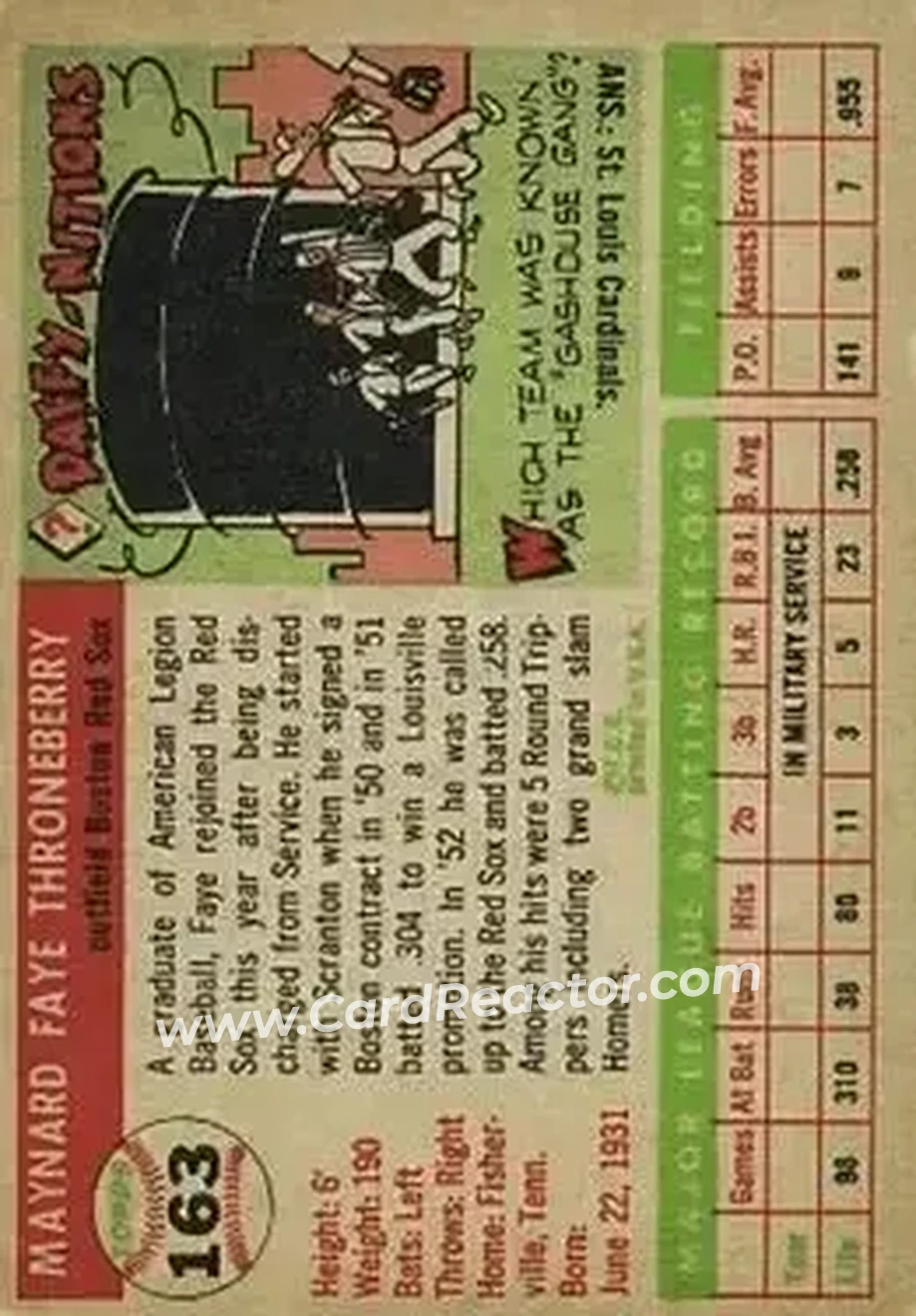 1955 Topps #163 - Faye Throneberry - Boston Red Sox - Back